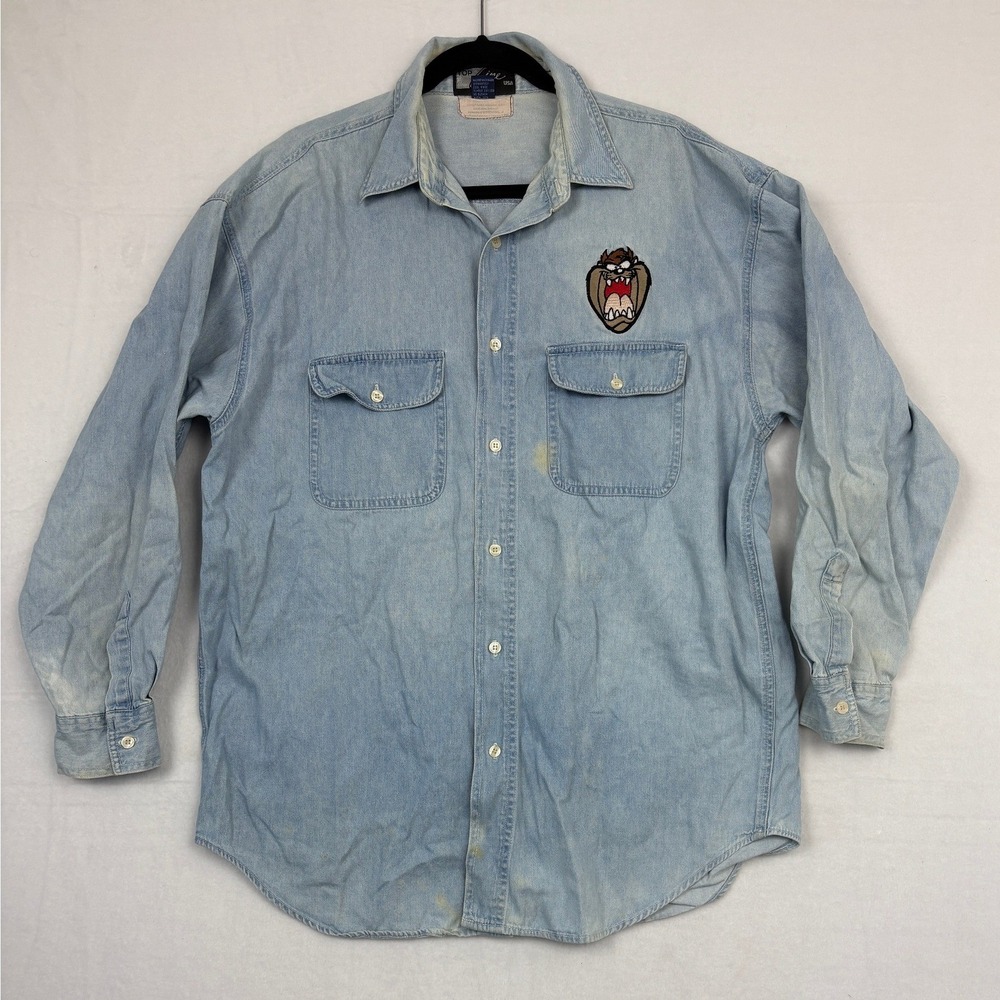 Vintage '97 Looney Tunes Taz Tasmanian Devil Denim Shirt Mens Large Top Line USA